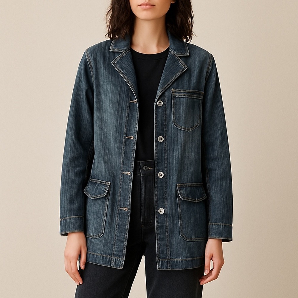 Vintage Railroad Stripe Longline Denim Chore Blazer Workwear Jacket Womens L Y2K